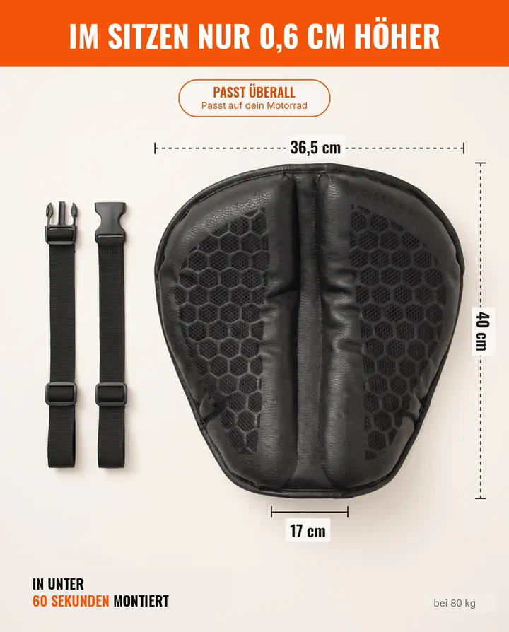 Maße: 40 cm × 36,5 cm × 17 cm. Im Sitzen nur 0,6 cm höher, bei 80 kg